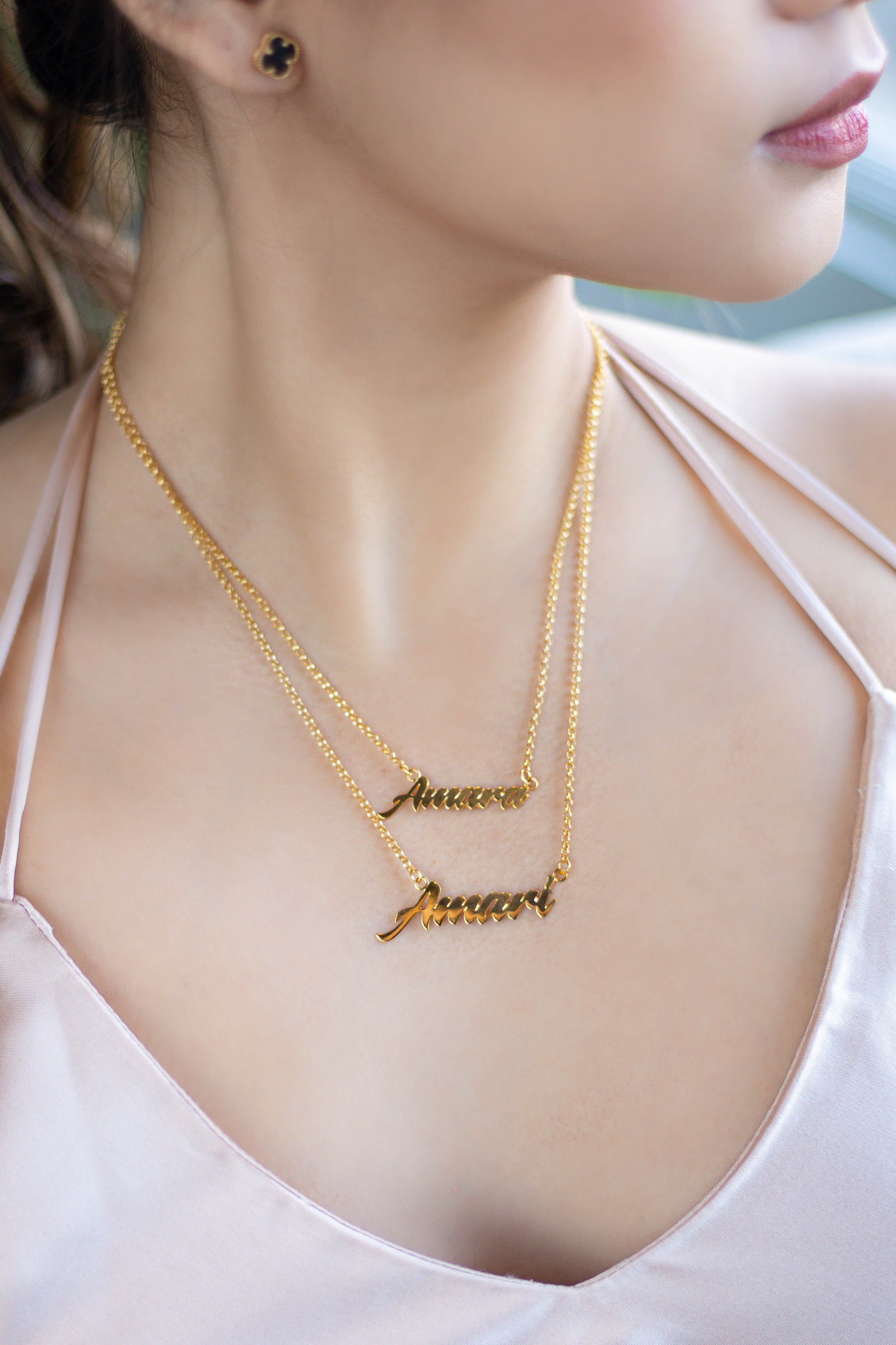 Layered nameplate outlet necklace